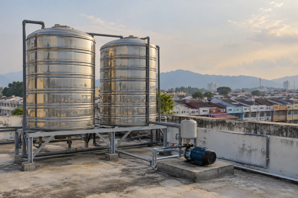 Booster pump dan tangki air keluli tahan karat di atas bumbung rumah kedai tiga tingkat di Malaysia